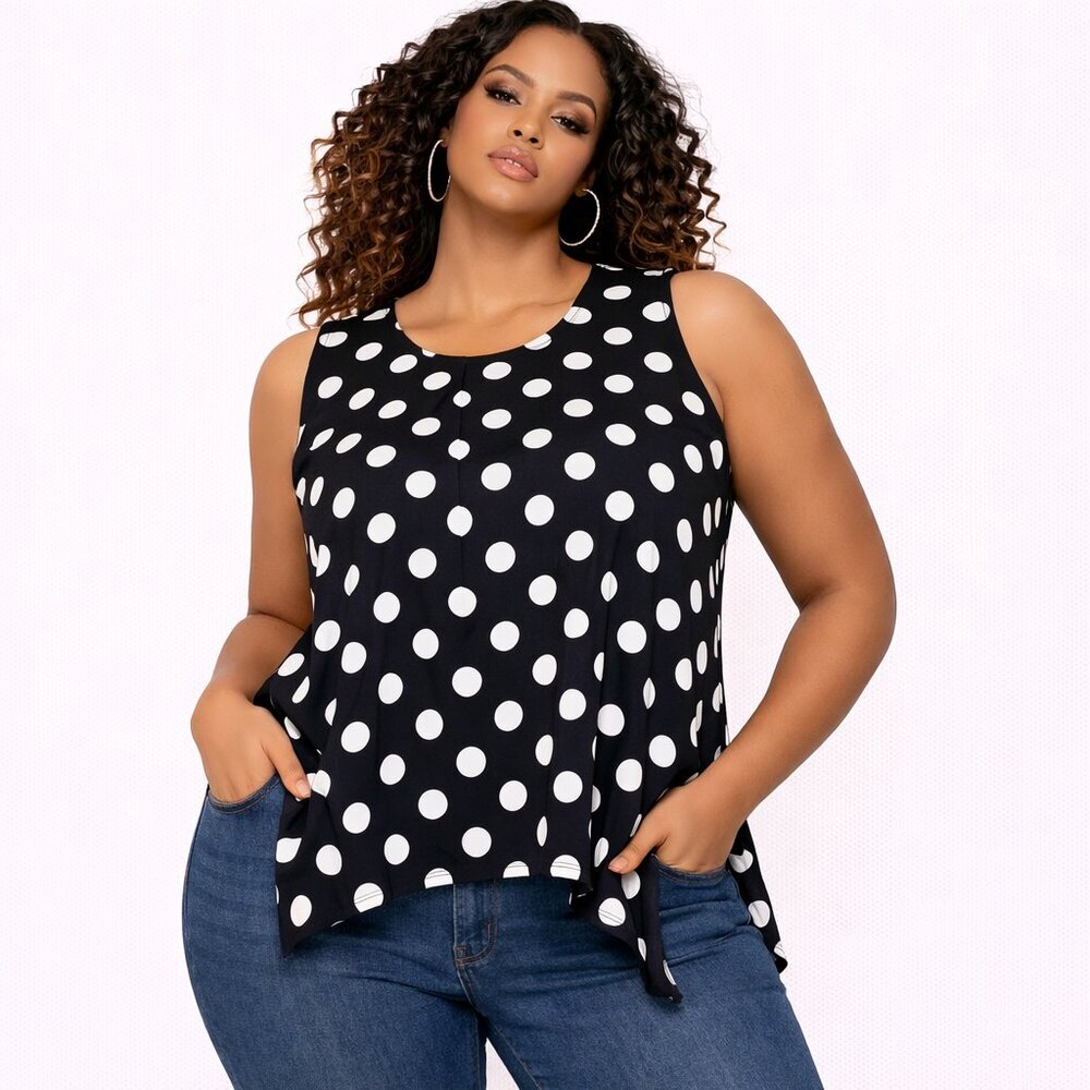 Black & White Polka Dot Sleeveless High-Low Tunic Top Size L | Chic Casual Blous